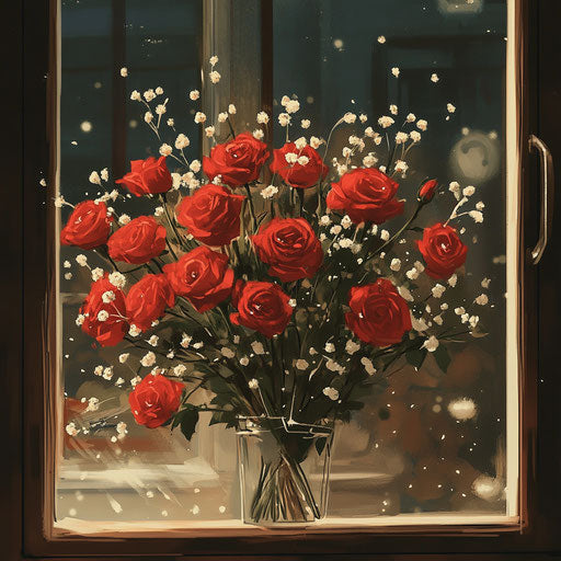 Bouquet of red roses with baby's breath for Valentine's Day