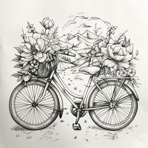 Whimsical flat tattoo sketch of a bicycle with baskets of flowers