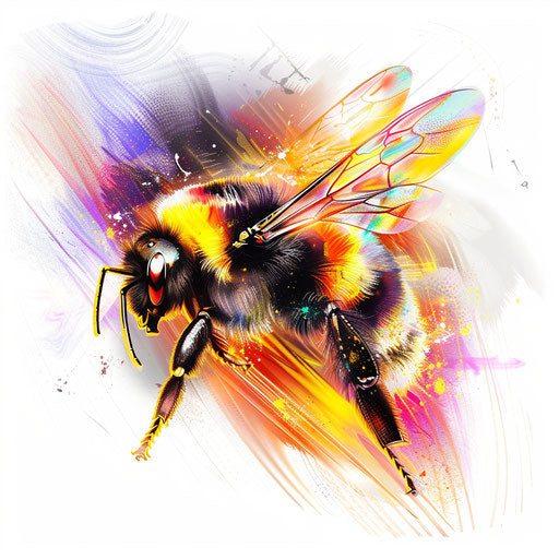Dynamic tattoo sketch of a queen bee with motion blur effects and bright colors in a modern clipart style