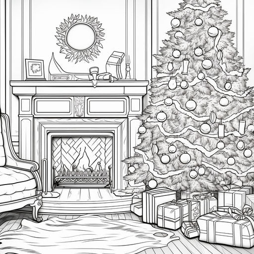 Christmas tree and presents by the fireplace coloring page