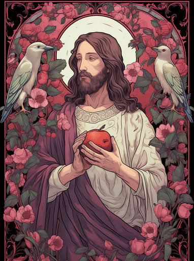 Jesus is holding a piece of bread in his hands