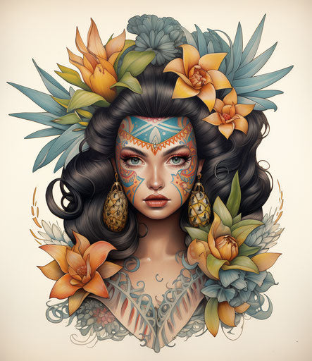 Pineapple woman, traditional Mexican tattoo style, serene faces
