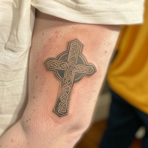 Dual-toned Celtic cross tattoo in silver and gold ink