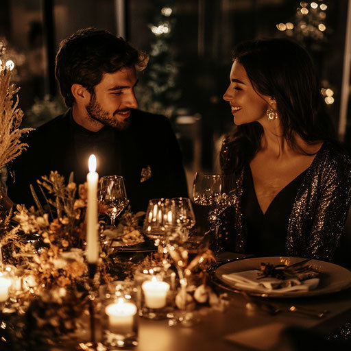 Romantic candlelit dinner for two in holiday attire