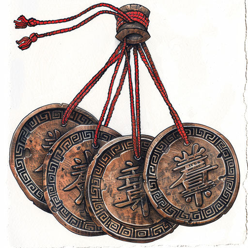 Ancient Chinese coins tied with red string, tattoo design on white