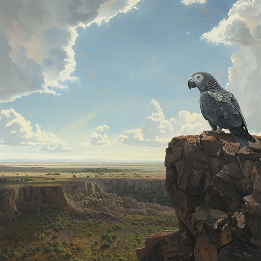 Solitary African grey parrot on rocky outcrop overlooking vast untouched savannah under expansive African sky