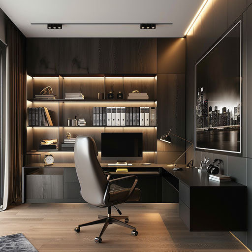Sleek home office in monochrome with built-in cabinets