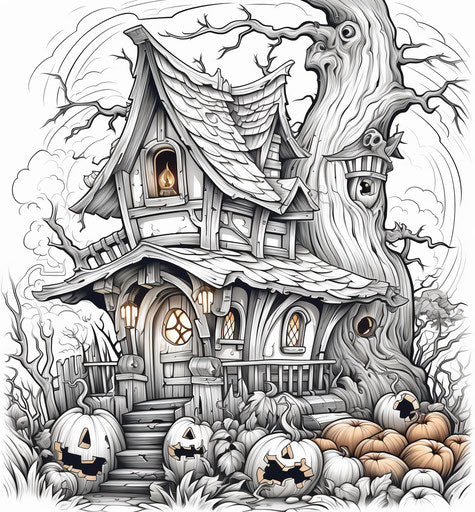 Coloring pages of a vampire, witch and dwarves in the Halloween house