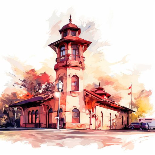 Artistic rendering of fire station in Impressionistic style, on white backdrop