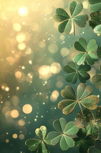 3D, green shamrocks and gold bokeh background, digital art with glitter effect 29:44