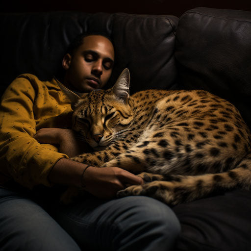 A serval cat sleeping on a couch with its owner