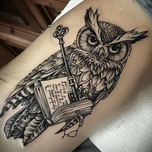 Traditional owl tattoo design with key and book