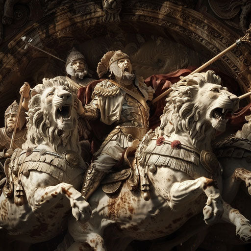Epic tableau of ancient warriors riding on lions into battle