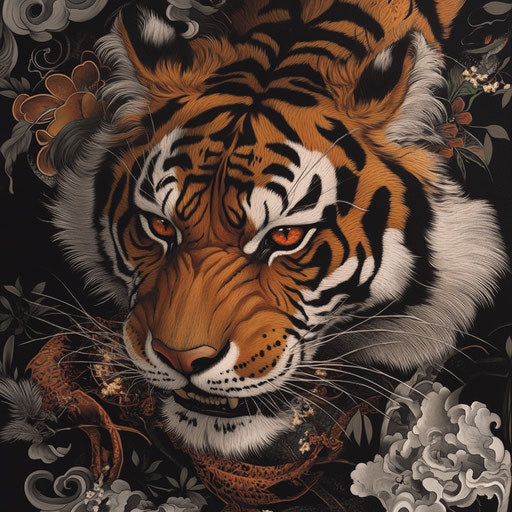 Japanese tiger tattoo in a dark gothic atmosphere