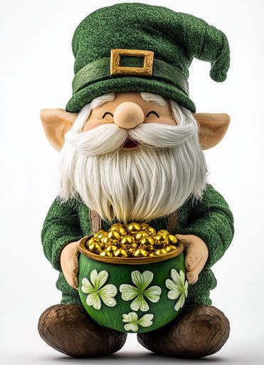 St. Patrick's Day gnome with pot of gold and shamrocks