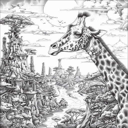 Epic giraffe in a mythical landscape a la Mark Schultz