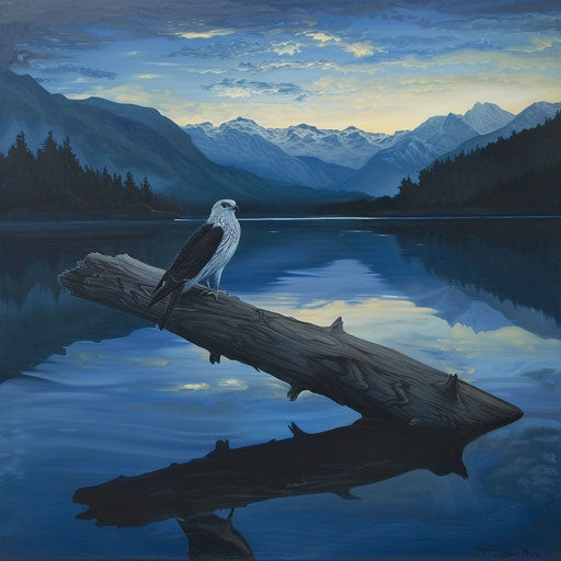 Swallow-tailed kite perched on a floating log in a calm lake, with reflections of mountains at dusk