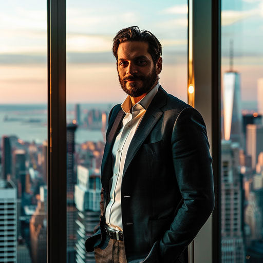 Confident professional in front of large window, panoramic city view