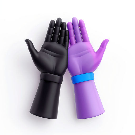 3D icon of two hands high five, one black and the other purple with blue wristbands, white background