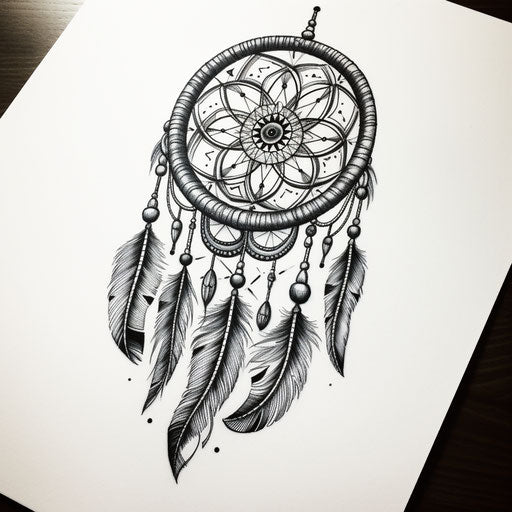 Dream catcher in engraved line-work with feather details