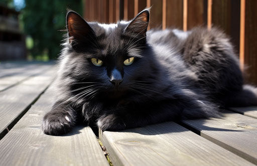 Black cat on wooden deck, velvety masculine textures