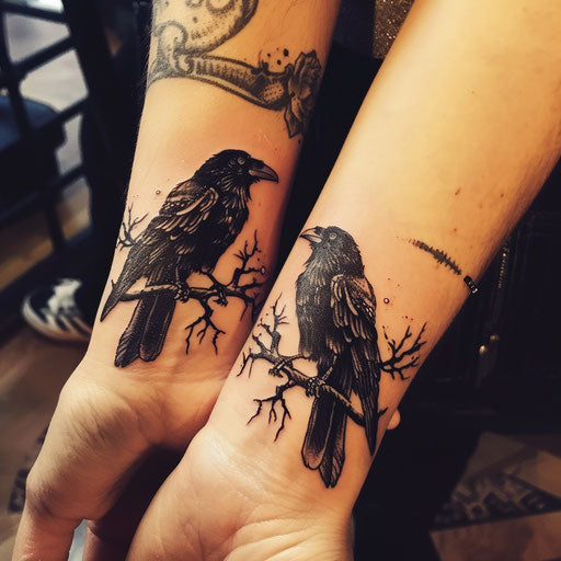 Sister tattoos of gothic ravens, Gerald Brom style, wrist