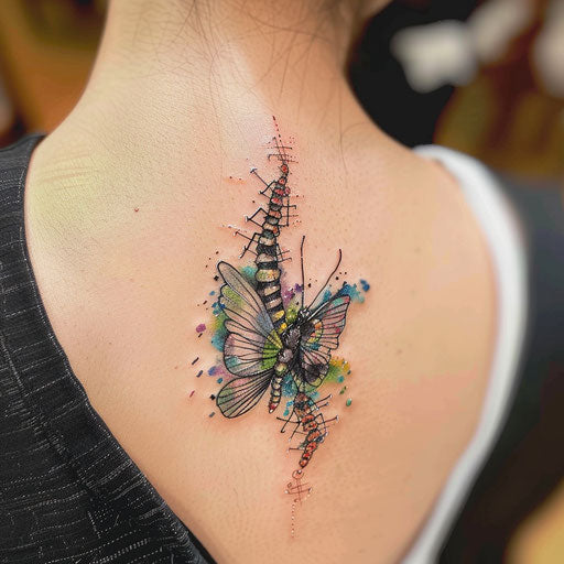 Colorful watercolor butterfly spine tattoo