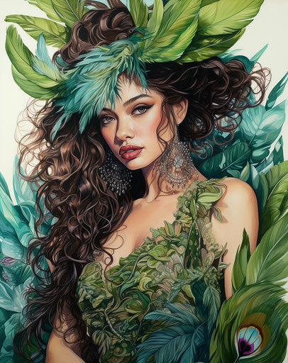 Model in green feathers, colorful fantasy realism style