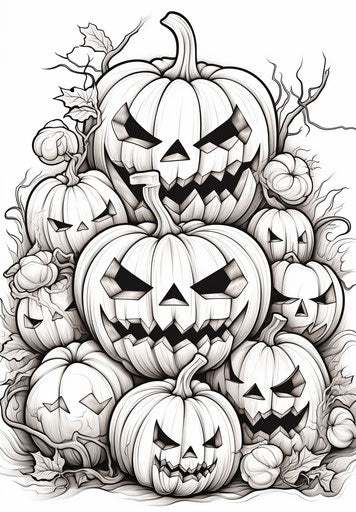 Halloween pumpkins coloring page in stacks, precisionist style, dark and gritty, low-angle, joyful, pictorial, Ferrania P30 23:33