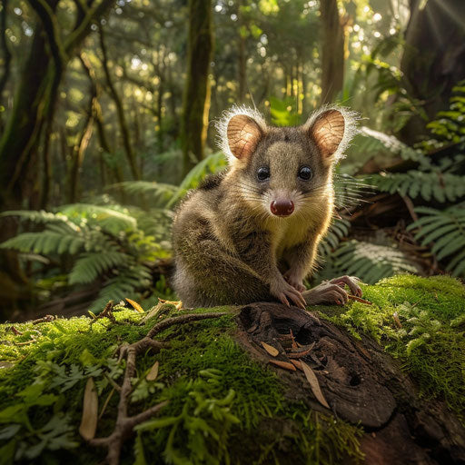 Possum sitting on a mossy log in a serene forest clearing