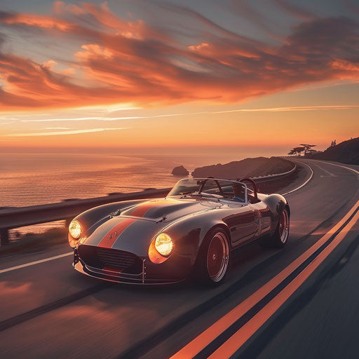 Sleek roadster cruising along coastal highway at sunset