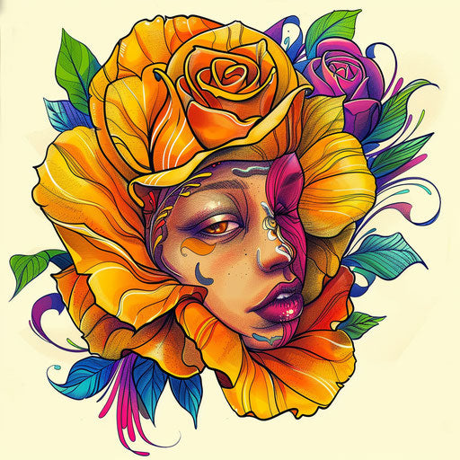 Whimsical tattoo sketch of an amber rose with cartoonish features and bright, playful colors in a clipart style