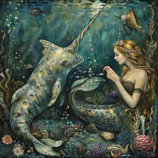 A narwhal and a mermaid sharing secrets in a sunken pearl garden