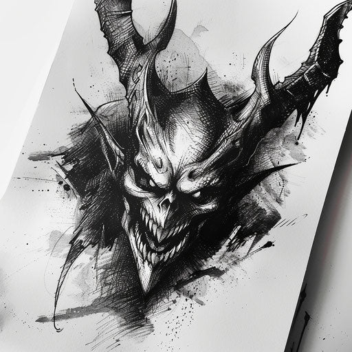 Blackwork devil tattoo design against white background