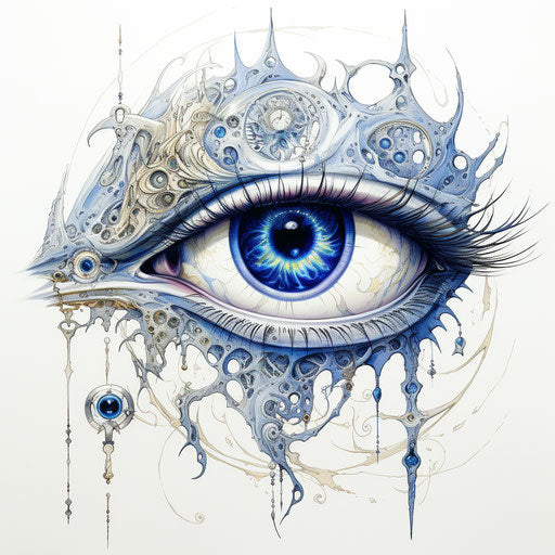Eye tattoo in light silver and navy style, lunarpunk