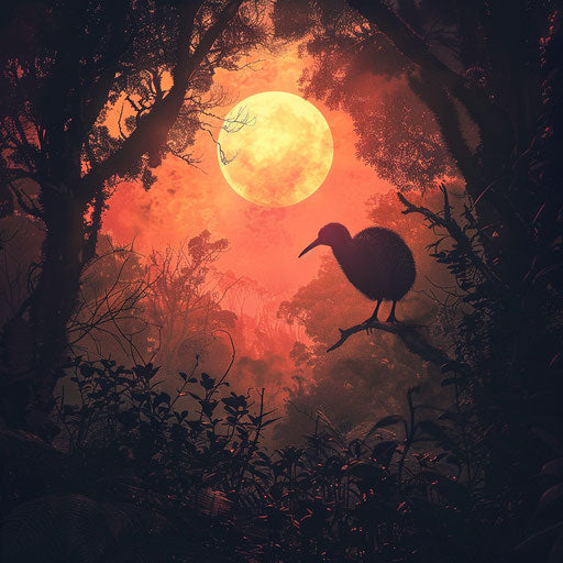 Kiwi bird against forest sunset