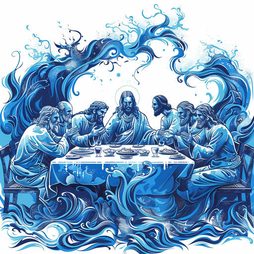 Dynamic flat tattoo sketch of the Last Supper in vivid blues