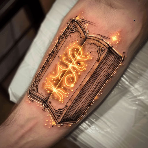 Elegant flat tattoo sketch of an enchanted book with glowing pages