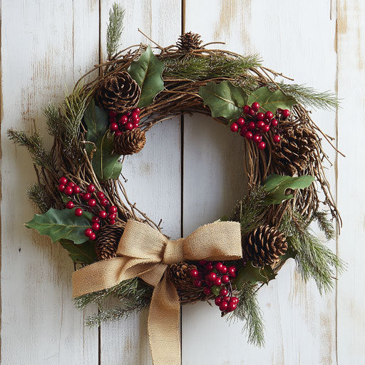 Rustic wreath of twisted grapevines with burlap ribbons