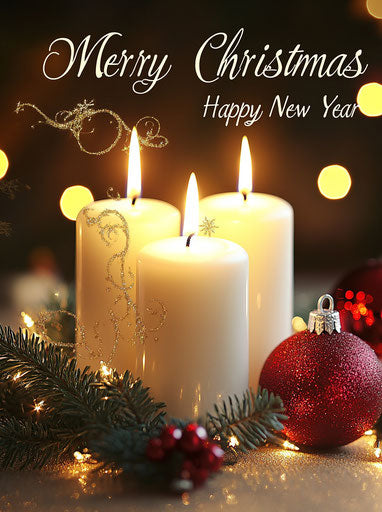 White candles, Christmas decorations, red and gold color palette, beautiful background, Christmas lights, golden glow