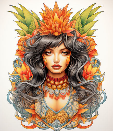Pineapple woman, classic Mexican tattoo motifs