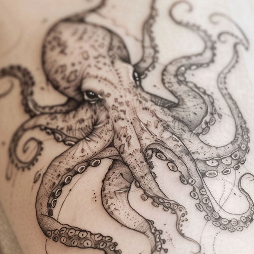 Horror-themed kraken tattoo on white background