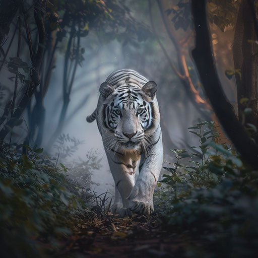 White tiger emerging from misty forest at dawn