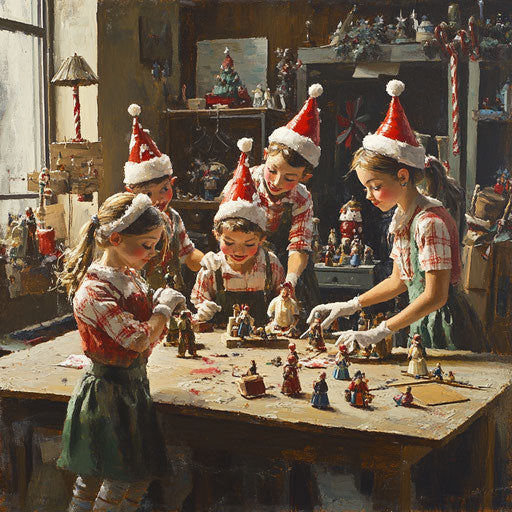 Whimsical Nutcracker workshop with elves repairing and painting old figures, preparing them for holiday displays.