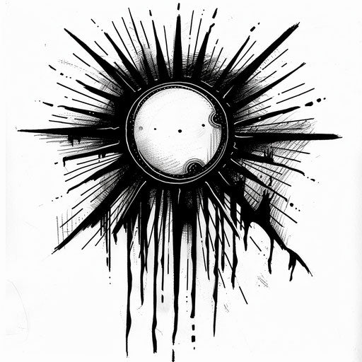 Bold clipart style tattoo sketch of a rising sun with stark contrast black and white stripes