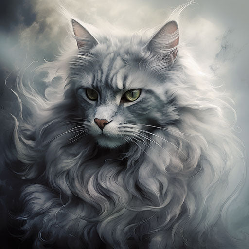 Cat breeder printed in book, dark silver and gray, brooding mood