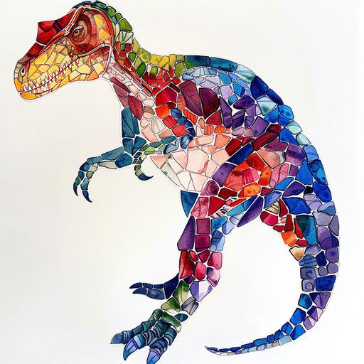 Colorful mosaic dinosaur tattoo design on white canvas