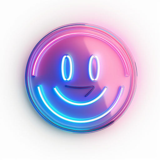 Smiling face emoji icon in blue and pink neon