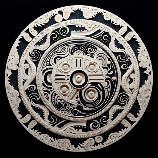 Circular black and white design, maori art style, intricate engravings