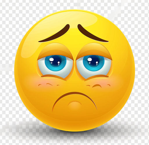 Sad emoji, yellow circle with blue eyes and frown lines